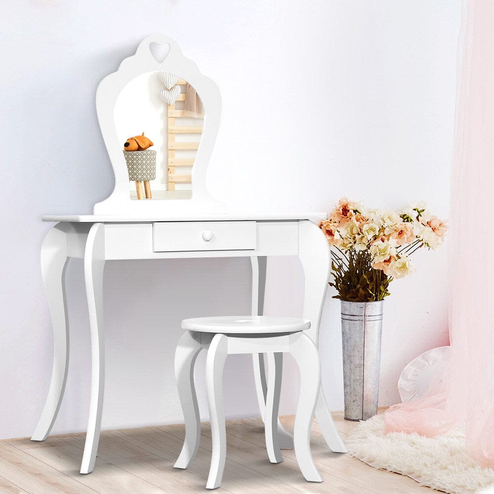 Princess Dreams Vanity Set Kids Dressing Table with Mirror Stool Baby Stork