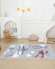 Children's Learning Area Rug - Cartoon Aeroplane and Hot Air Balloon Design for Kids' Room and Playroom