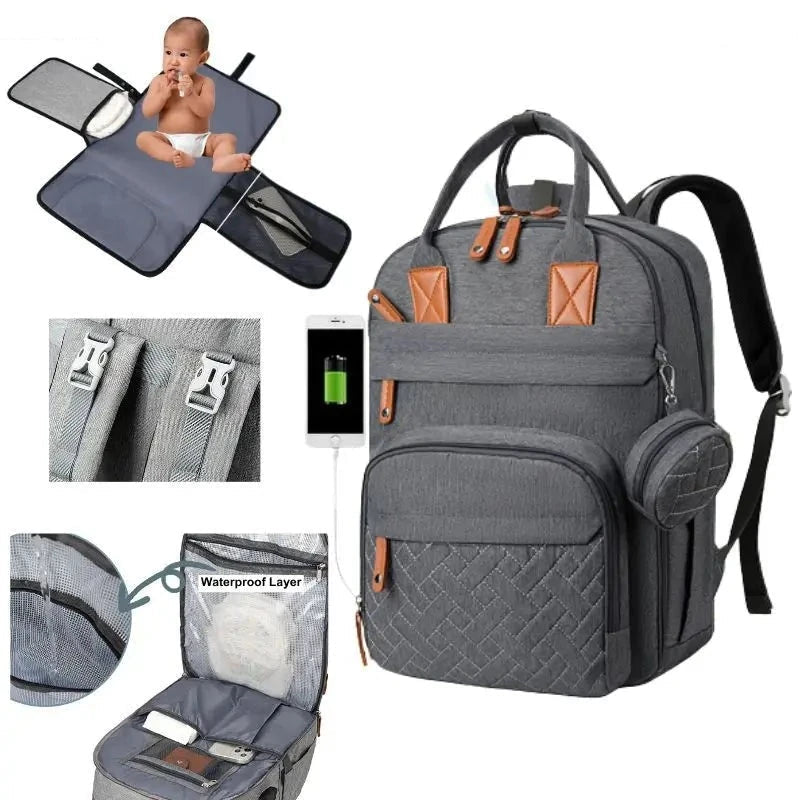 3-in-1 Unisex Nappy Bag Backpack with Foldable Changing Pad Diaper Wet Bags Baby Stork Dark Grey 
