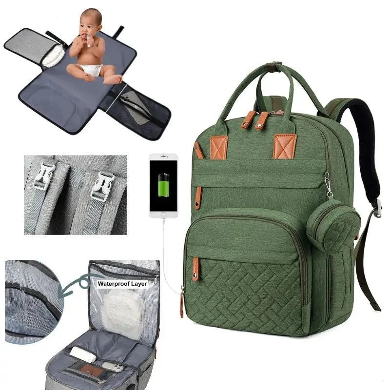 3-in-1 Unisex Nappy Bag Backpack with Foldable Changing Pad Diaper Wet Bags Baby Stork Green 