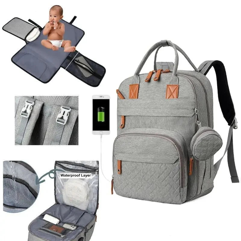3-in-1 Unisex Nappy Bag Backpack with Foldable Changing Pad Diaper Wet Bags Baby Stork Grey 