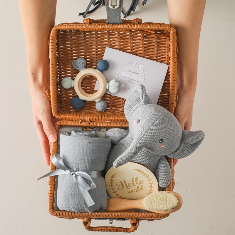 5pc Newborn Baby Gift Box Set - Elegant and Thoughtful Baby Essentials and Toy Baby Gift Sets Baby Stork Elephant Set 
