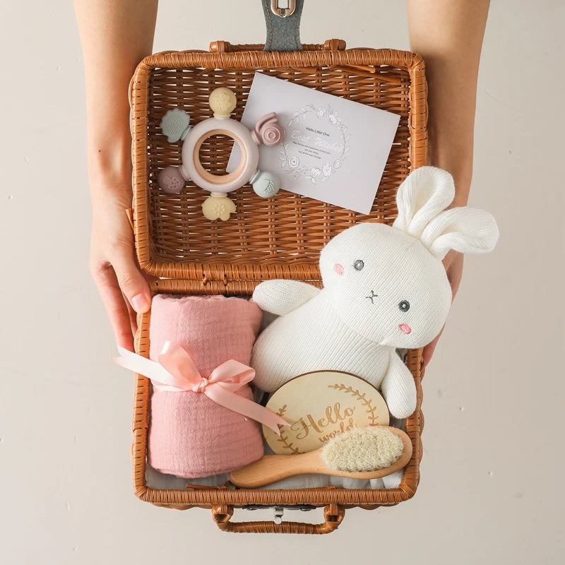 5pc Newborn Baby Gift Box Set - Elegant and Thoughtful Baby Essentials and Toy Baby Gift Sets Baby Stork Rabbit Set 2 