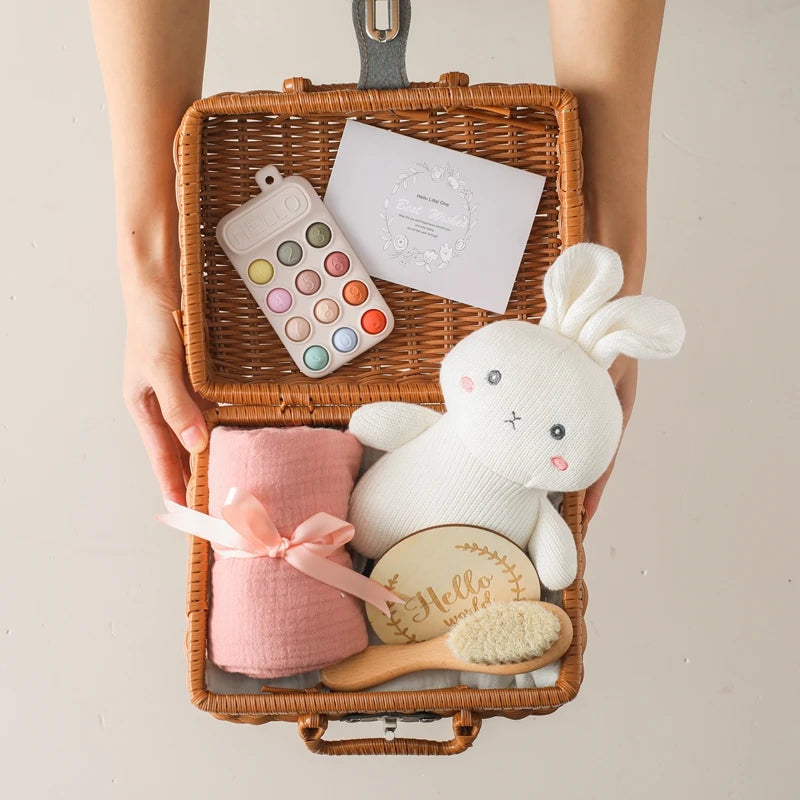 5pc Newborn Baby Gift Box Set - Elegant and Thoughtful Baby Essentials and Toy Baby Gift Sets Baby Stork Rabbit Set 