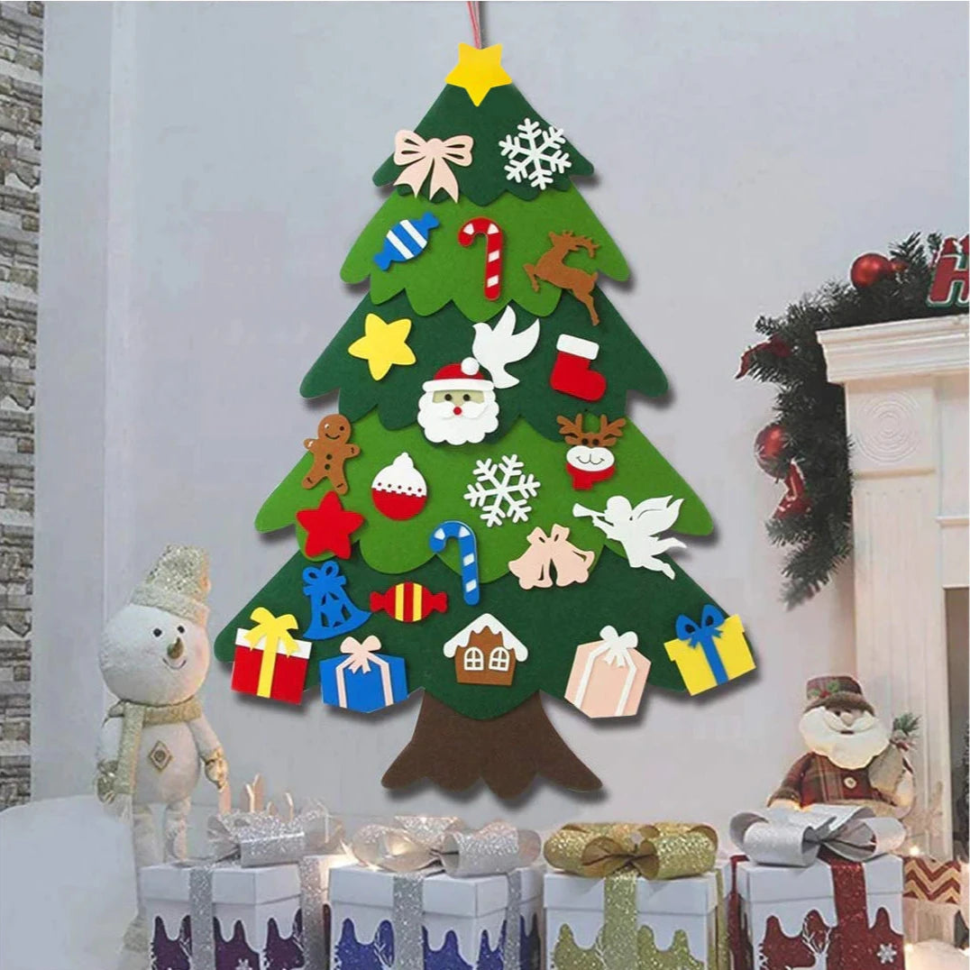 DIY Felt Christmas Tree Kit with 24 Fun Ornaments - fun toddler Christmas tree next to the fireplace