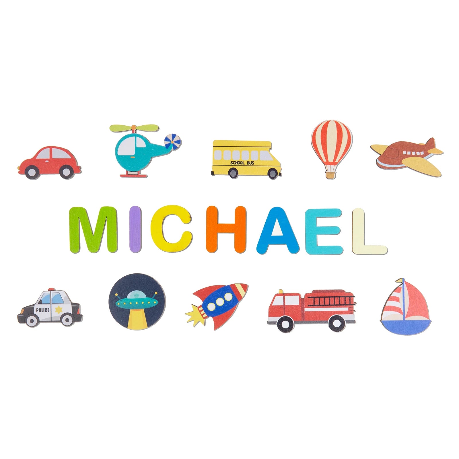 Personalised Wooden Name Puzzle with Transportation Theme | Custom Wooden Puzzle for Toddlers Police, trucks, plane, bus - pieces 