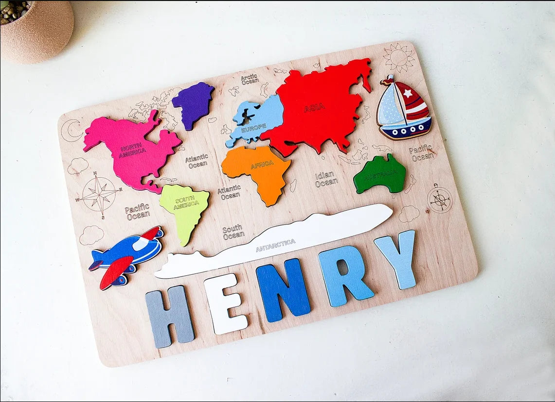 Personalised Wooden World Map Baby Name Puzzle | Montessori Learning Toy | Birthday Gift for Children