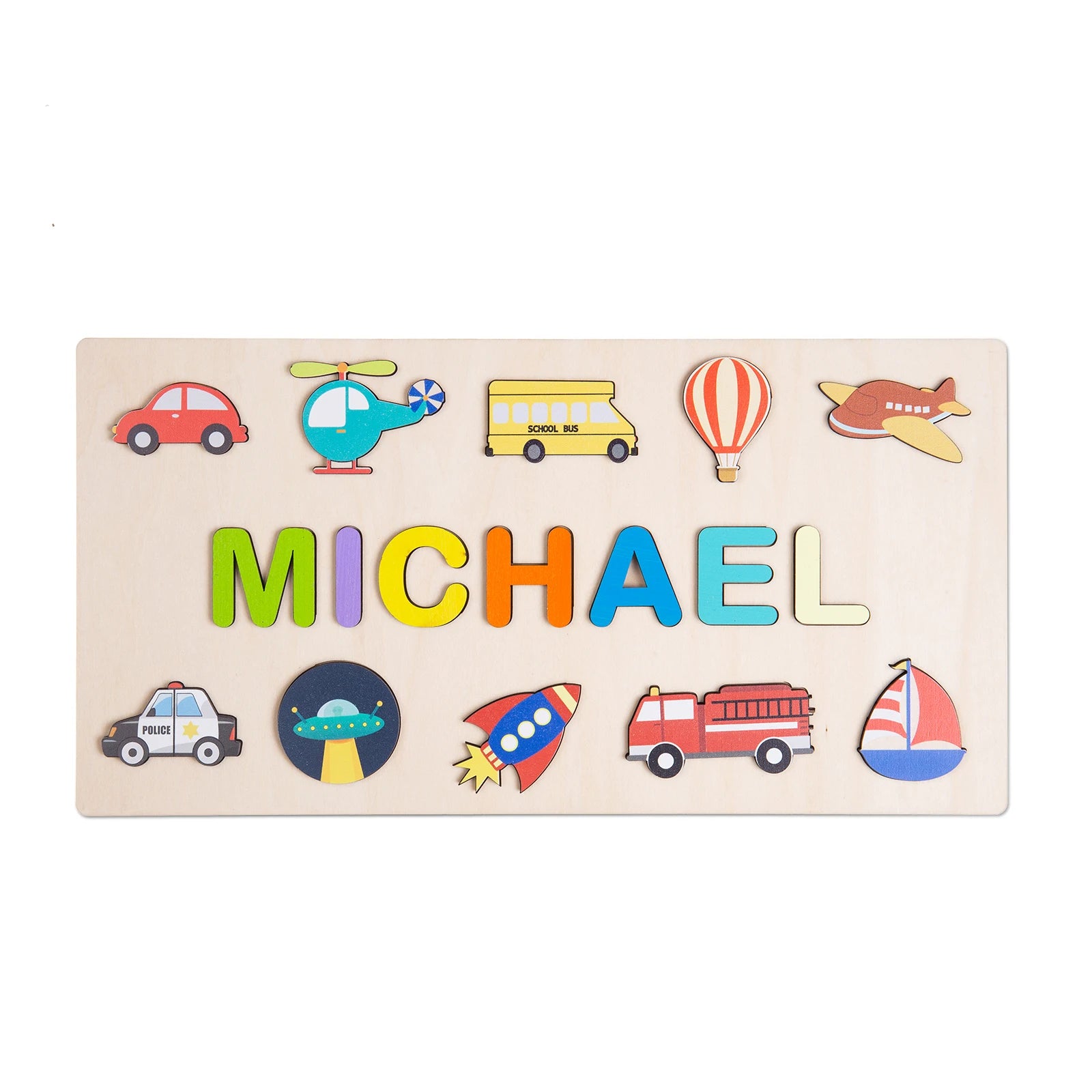 Personalised Wooden Name Puzzle with Transportation Theme | Custom Wooden Puzzle for Toddlers Police, trucks, plane, bus