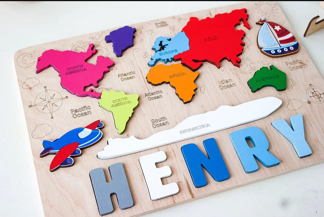 Personalised Wooden World Map Baby Name Puzzle | Montessori Learning Toy | Birthday Gift for Children