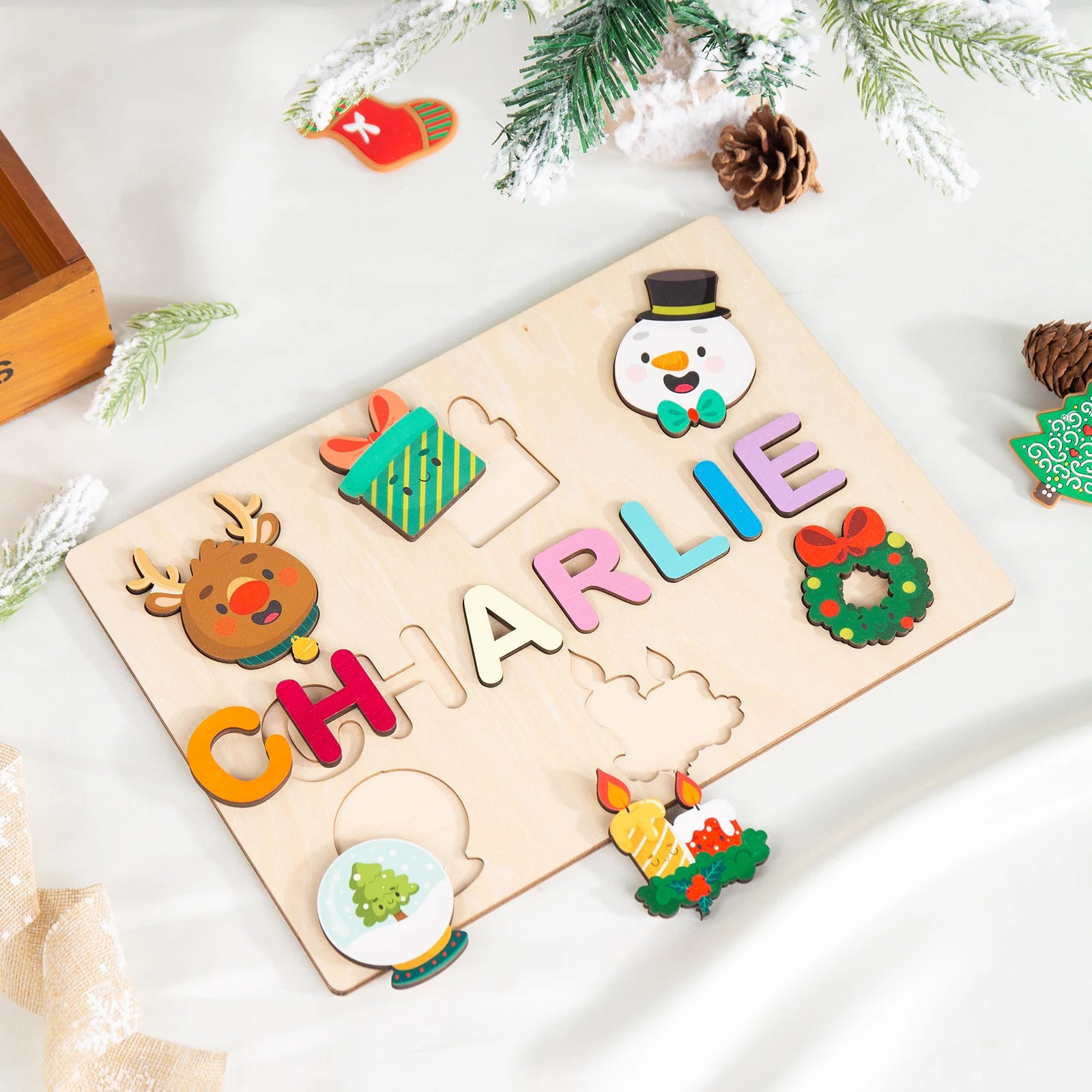 Cartoon Personalised Wooden Christmas Name Puzzle | Christmas Cartoon Designs | Montessori Educational Toy for Toddlers