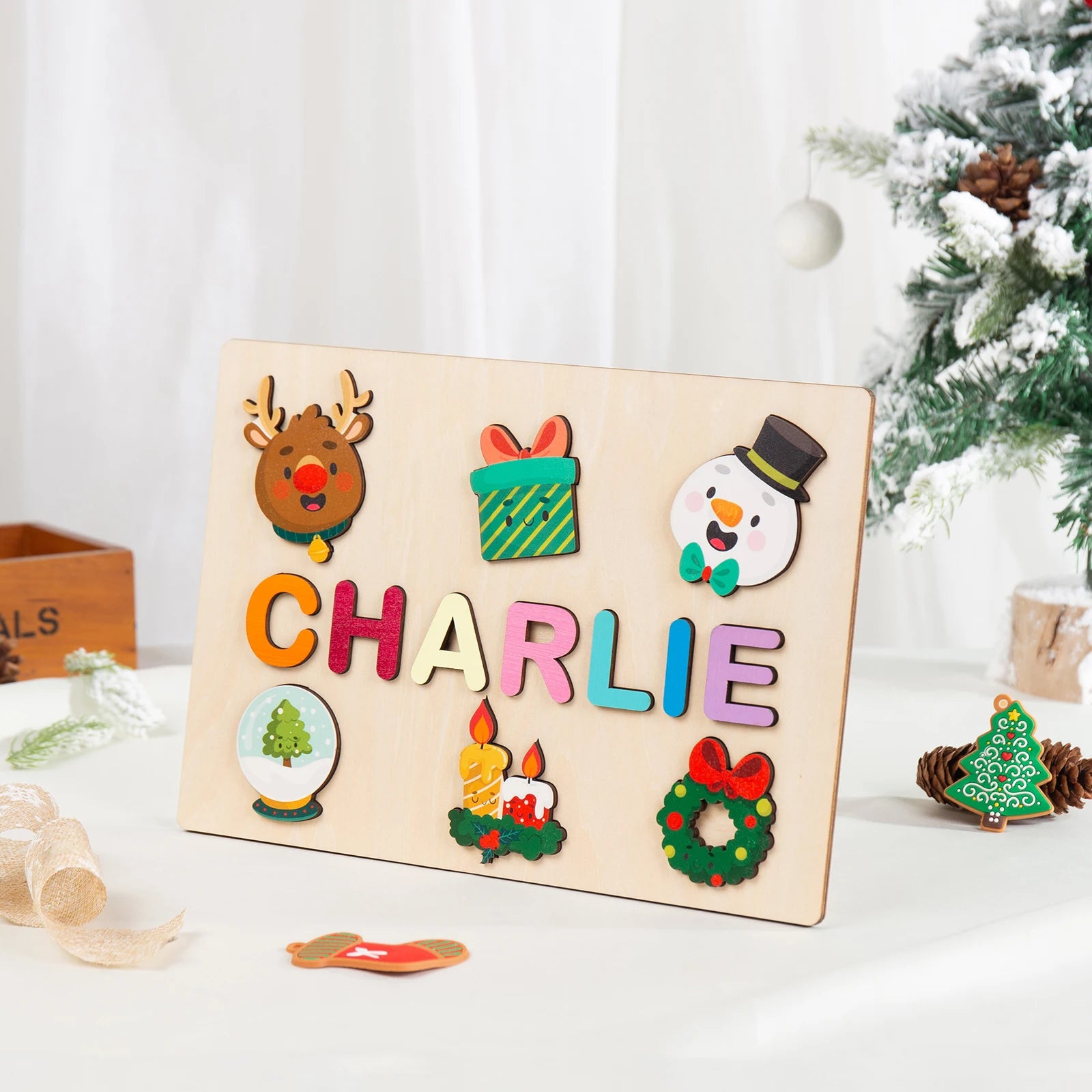 Personalised Wooden Christmas Name Puzzle | Christmas Cartoon Designs | Montessori Educational Toy for Toddlers