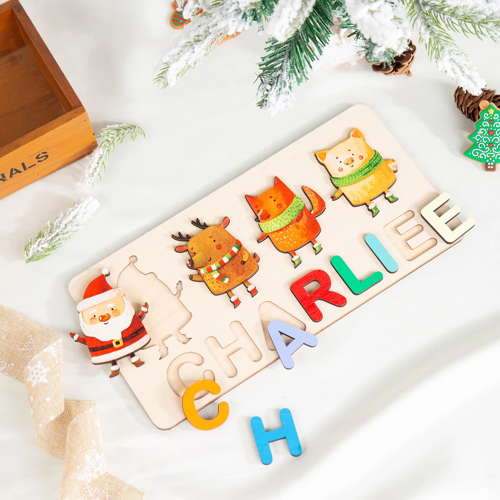 Personalised Wooden Christmas Name Puzzle | Christmas Cartoon Designs | Montessori Educational Toy for Toddlers Santa and friends