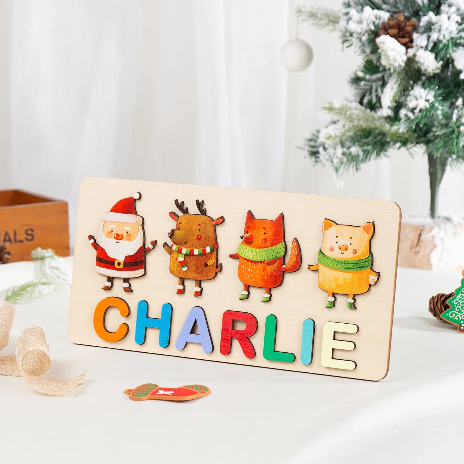 Personalised Wooden Christmas Name Puzzle | Christmas Cartoon Designs | Montessori Educational Toy for Toddlers