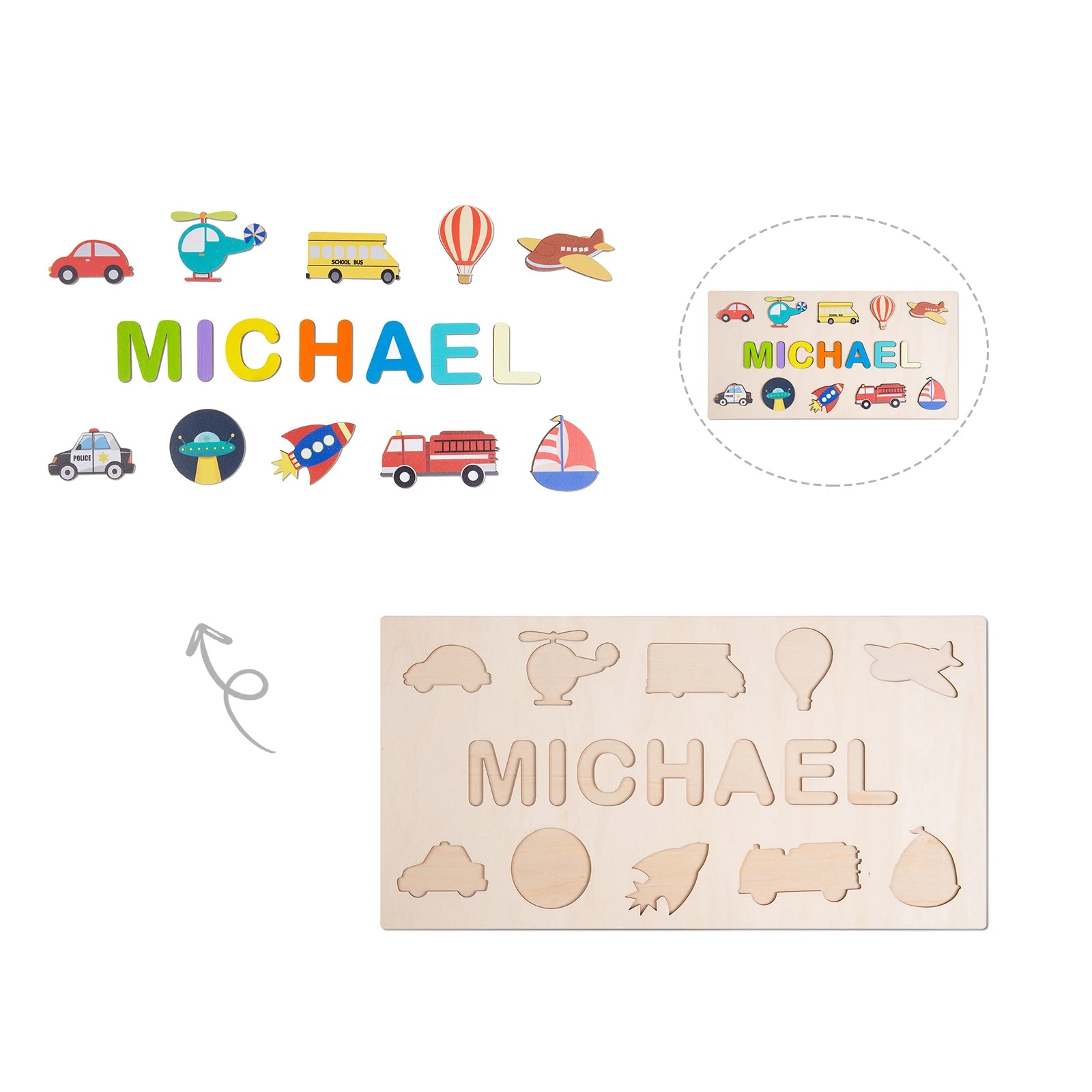 Personalised Wooden Name Puzzle with Transportation Theme | Custom Wooden Puzzle for Toddlers fun design