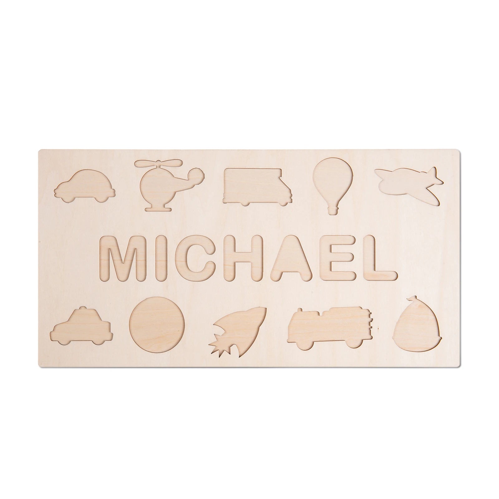 Personalised Wooden Name Puzzle with Transportation Theme | Custom Wooden Puzzle for Toddlers Police, trucks, plane, bus - empty