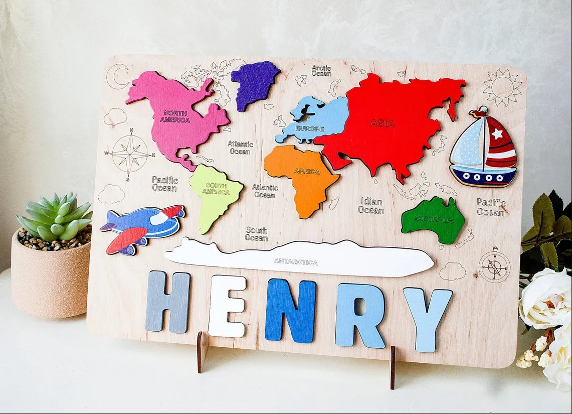 Personalised Wooden World Map Baby Name Puzzle | Montessori Learning Toy | Birthday Gift for Children