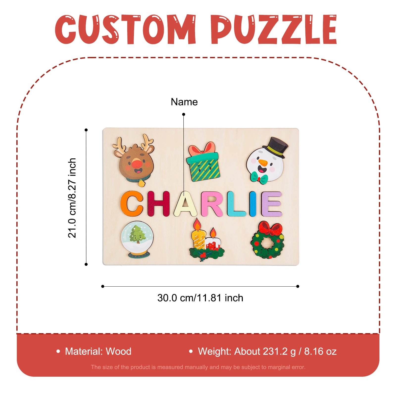 Personalised Wooden Christmas Name Puzzle | Christmas Cartoon Designs | Montessori Educational Toy for Toddlers Santa and friends