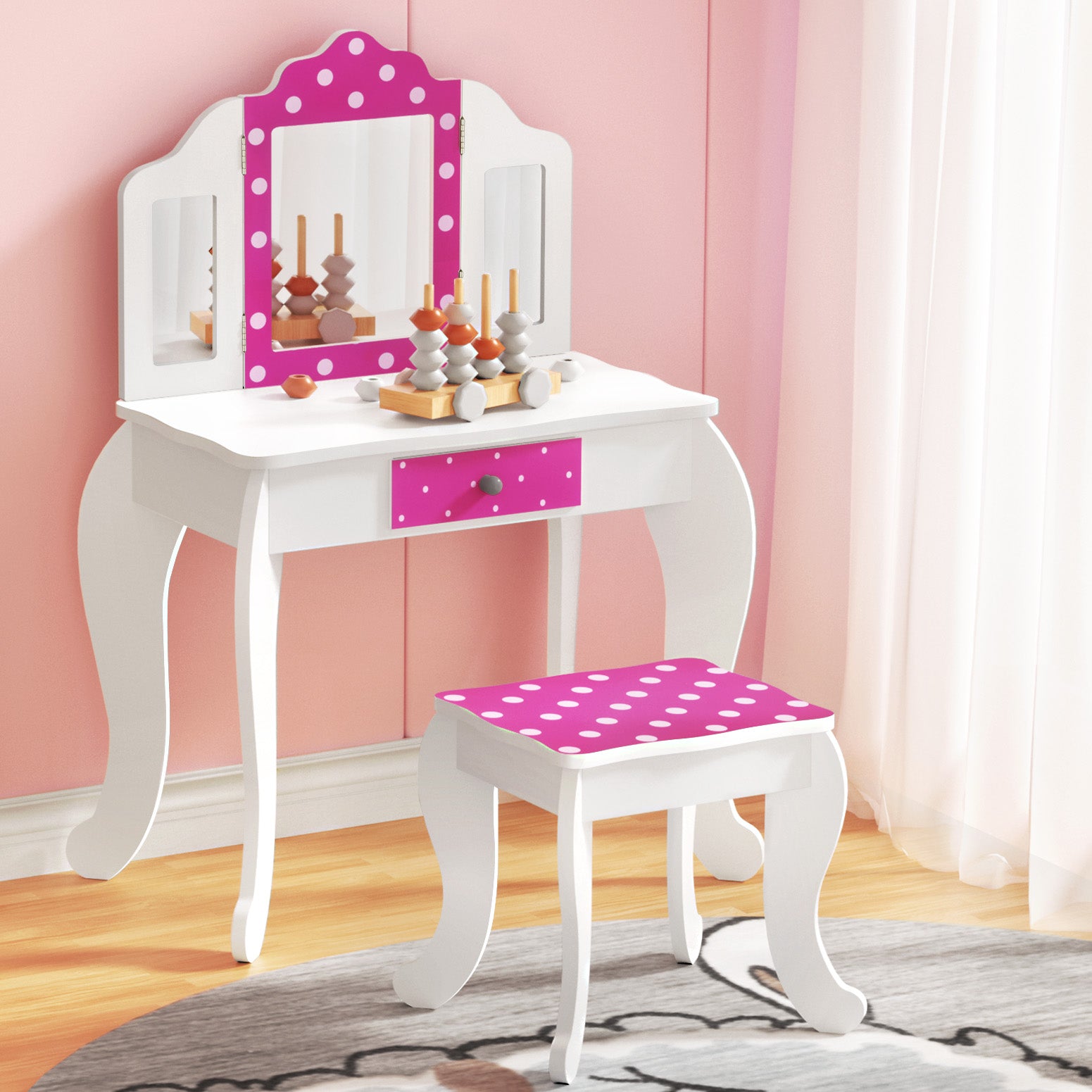 Polka Dot Dressing Table & Stool Set | White & Pink Vanity with Mirror | Disney Mini Mouse inspired 