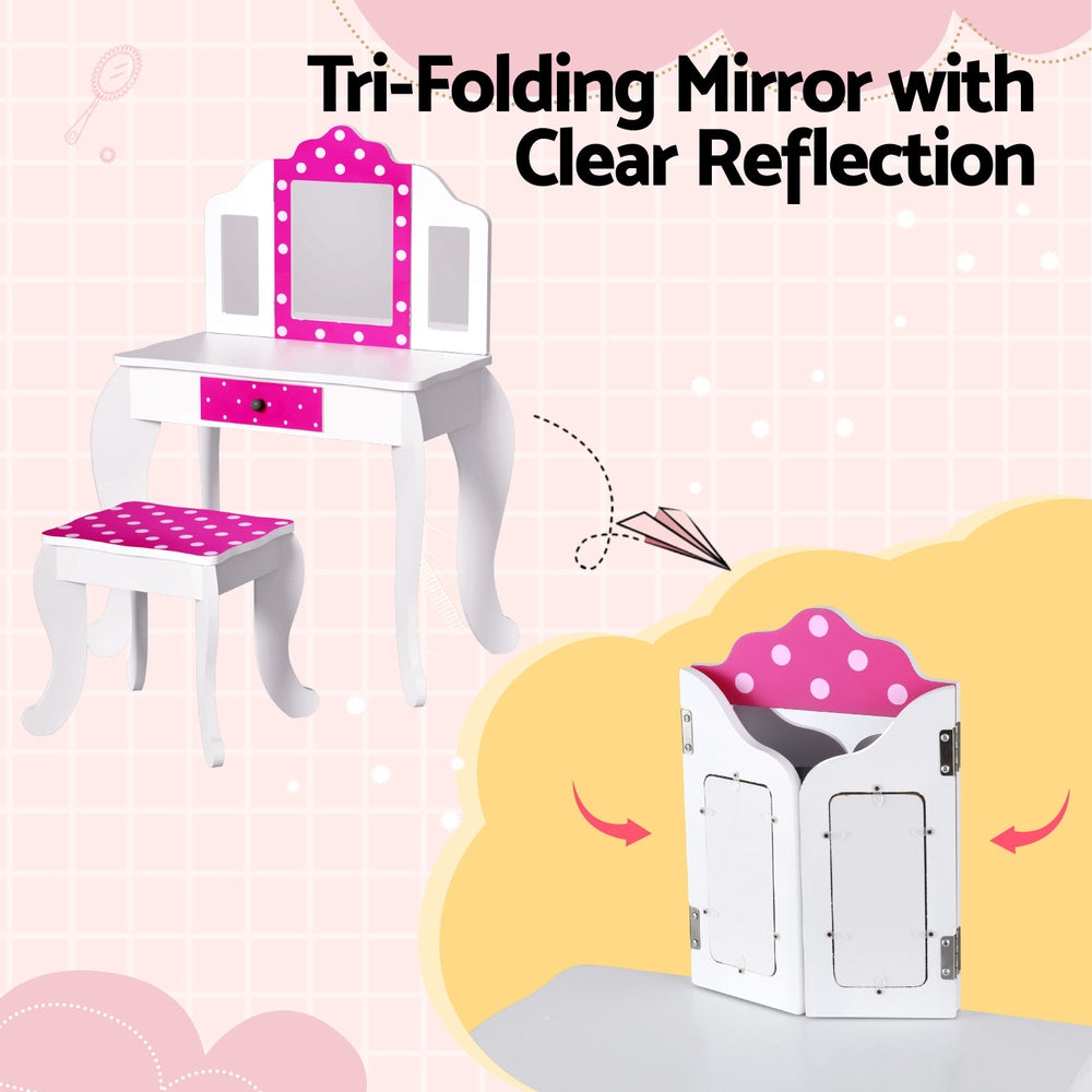 Polka Dot Dressing Table & Stool Set | White & Pink Vanity with Mirror | Disney Mini Mouse inspired 