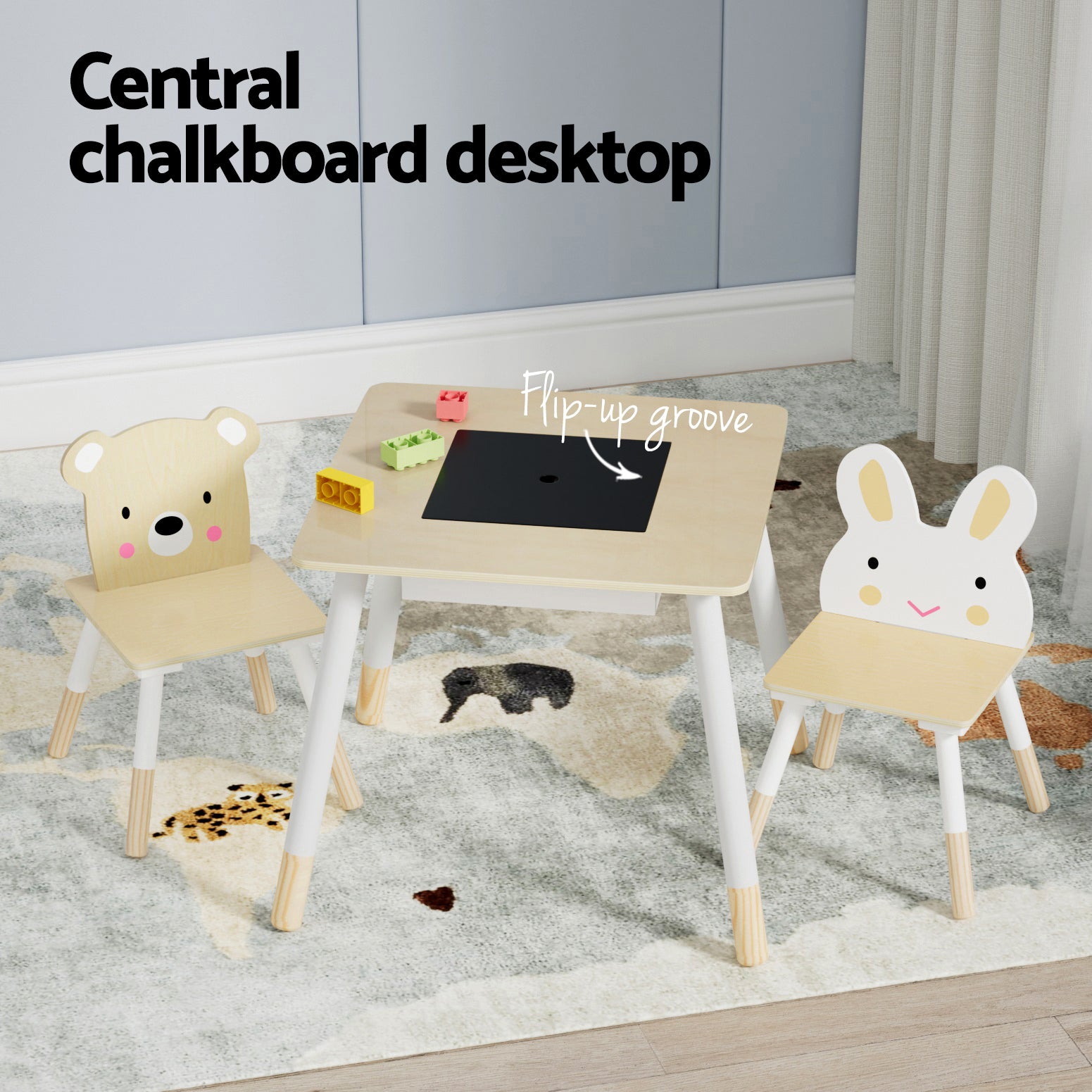 3PCS Kids Table and Chairs Set Activity Desk Chalkboard Toy Hidden Storage