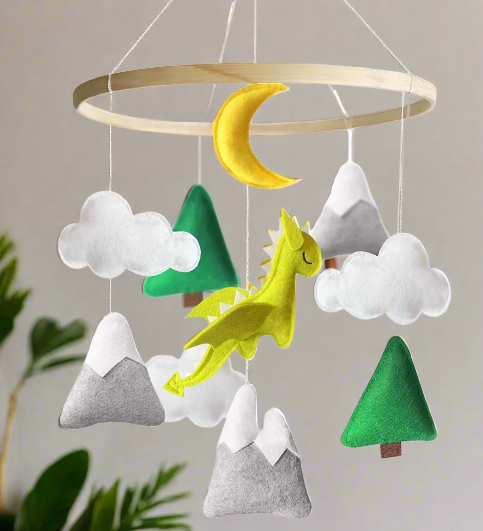 Handmade Felt Dragon Baby Mobile – Unisex Nursery Decor &amp; Baby Shower Gift