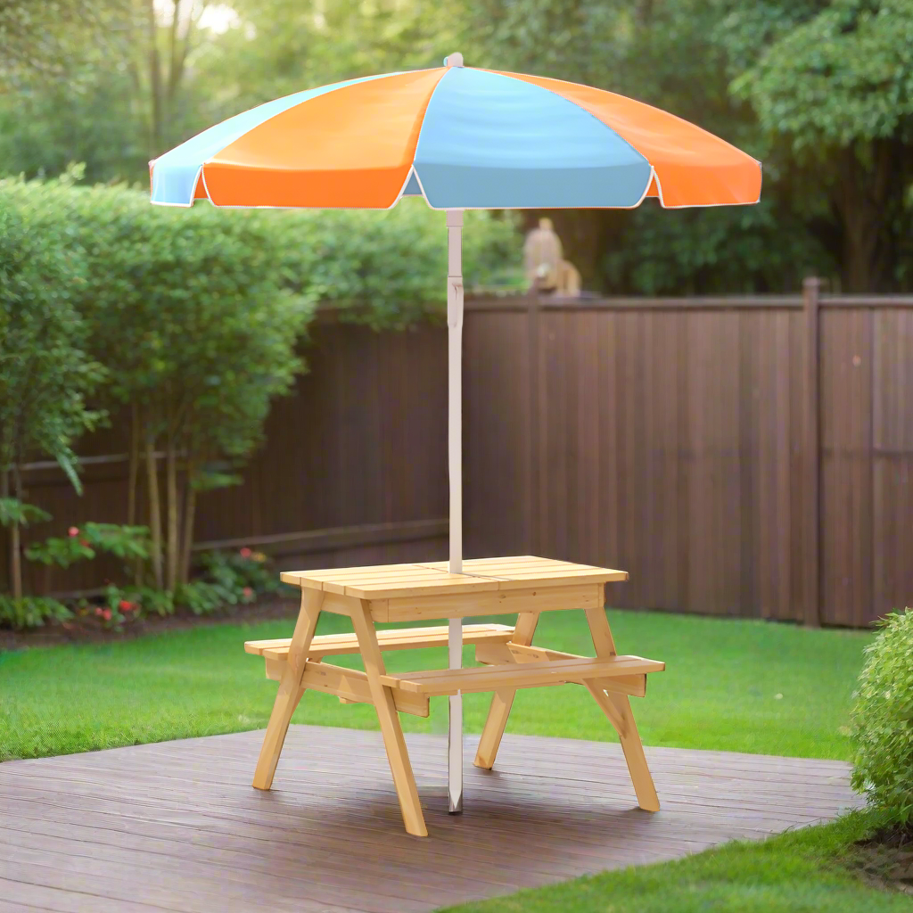 Kids Outdoor Table and Chairs Picnic Bench Umbrella Set Water Sand Pit Box