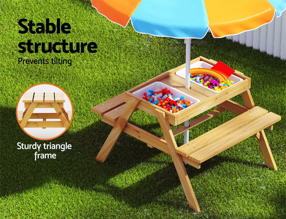 Kids Outdoor Table and Chairs Picnic Bench Umbrella Set Water Sand Pit Box