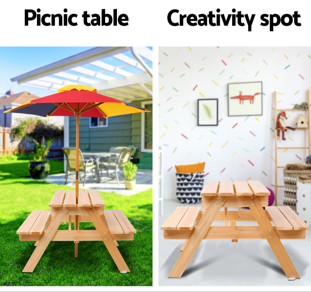 Kids Wooden Picnic Table Set with Umbrella