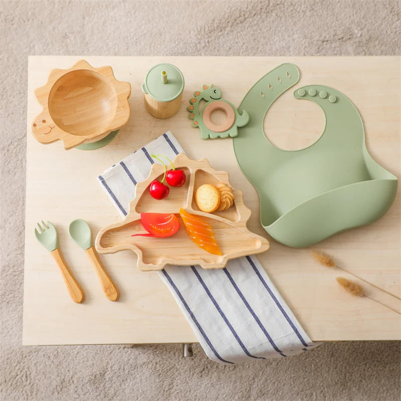 Eco-Friendly Dinosaur Bamboo Baby Feeding Set - 7pcs | Non-Slip Suction Cups &amp; Teether Green