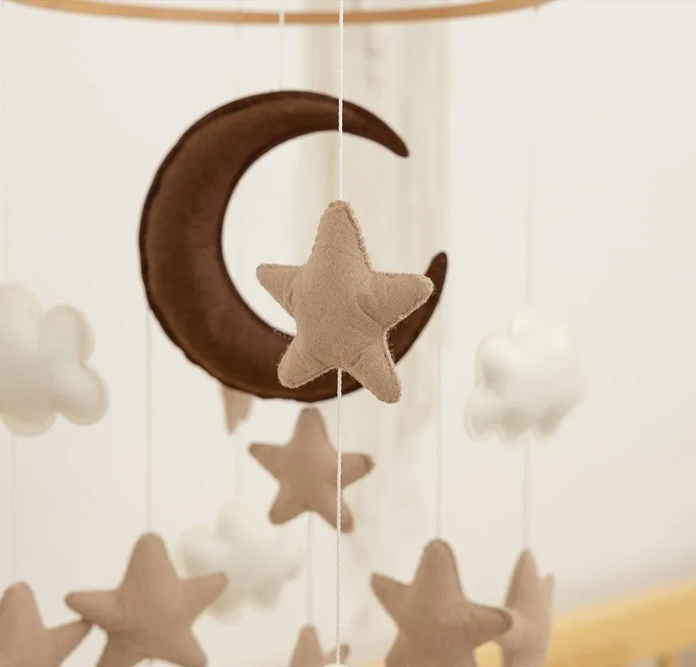 Boho Handmade Brown Moon, Cloud, and Stars Nursery Mobile - close up moon