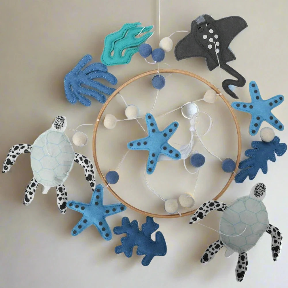 Under The Sea Felt Baby Mobile - Ocean Turtles & Ray - Flat lay