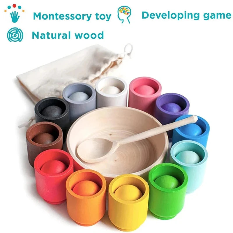 Montessori Wooden Balls in Cups Sorter - Rainbow Colour Sorting Game