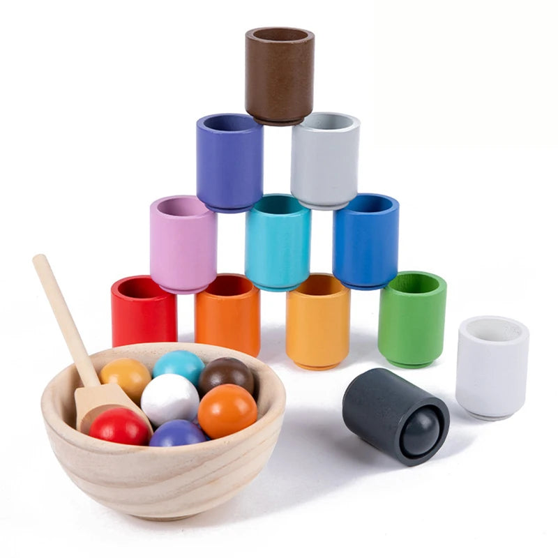 baby development game Montessori Wooden Balls in Cups Sorter - Rainbow Colour Sorting Game