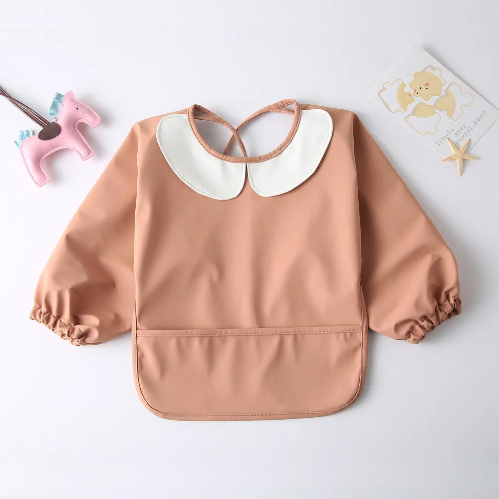 Full Sleeve Feeding Smock Bib with Adorable Thrilled Collar - Solid Colour terracotta