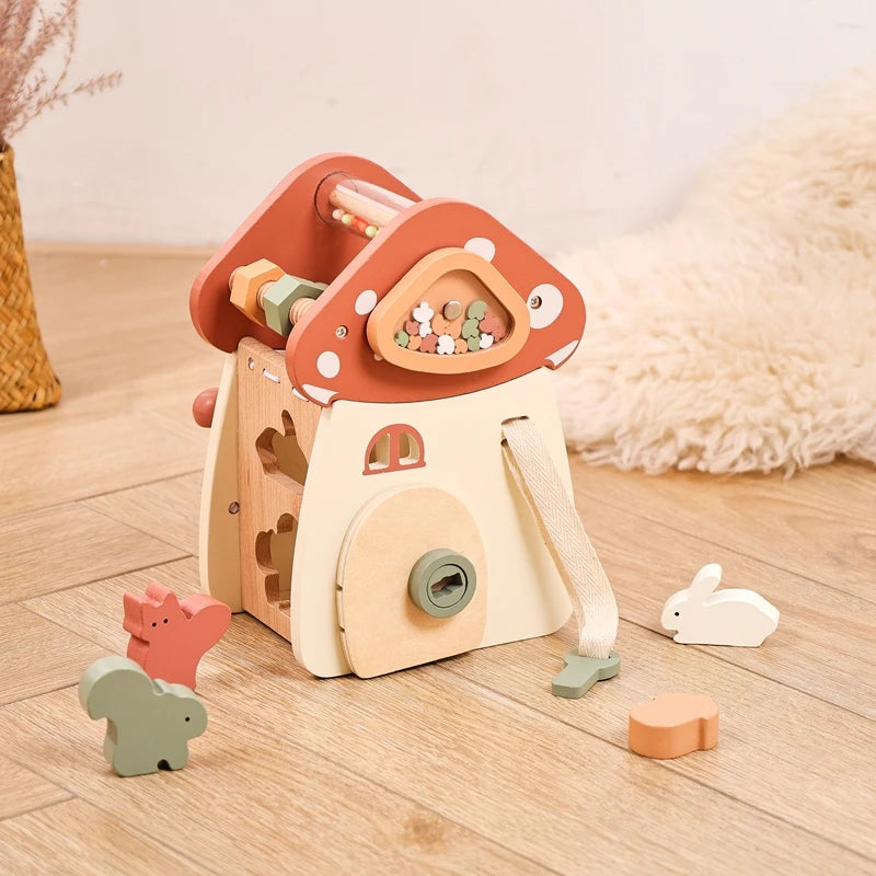 Wooden Mushroom House | Montessori 5-in-1 Busy Cube Activity Toy