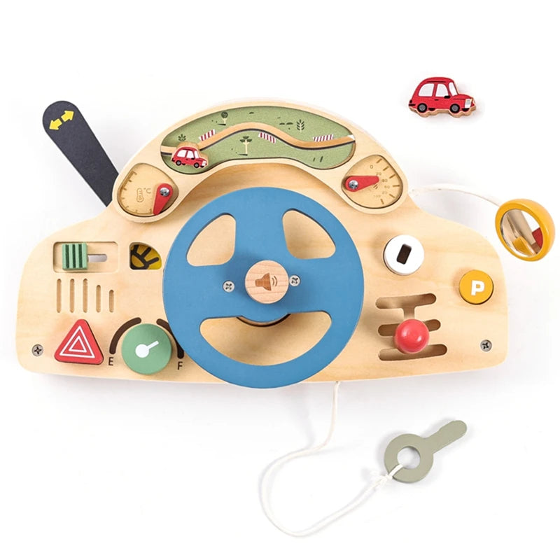 Wooden Steering Wheel Toy - Car Console Busy Board for Toddlers | Sensory Early Education Gift