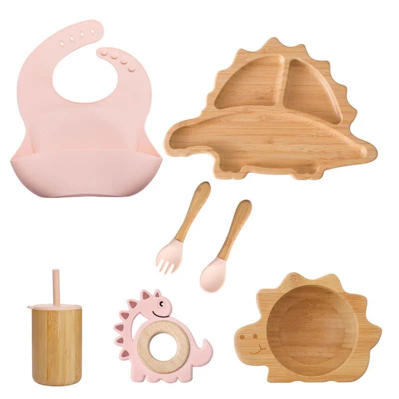 Eco-Friendly Dinosaur Bamboo Baby Feeding Set - 7pcs | Non-Slip Suction Cups &amp; Teether Pink