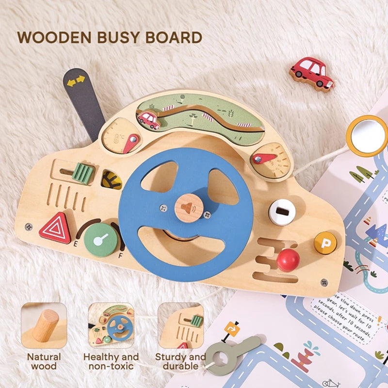 Wooden Steering Wheel Toy - Car Console Busy Board for Toddlers | Sensory Early Education Gift