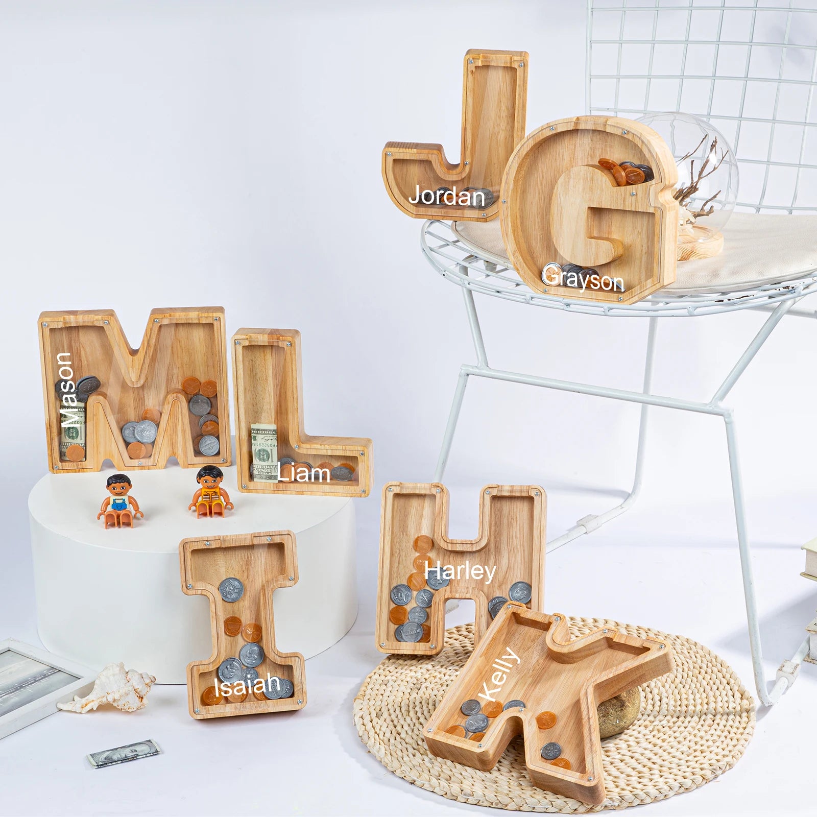 Personalised Wooden Initial Letter Piggy Bank - Custom Name Gifts for Kids From Baby Stork