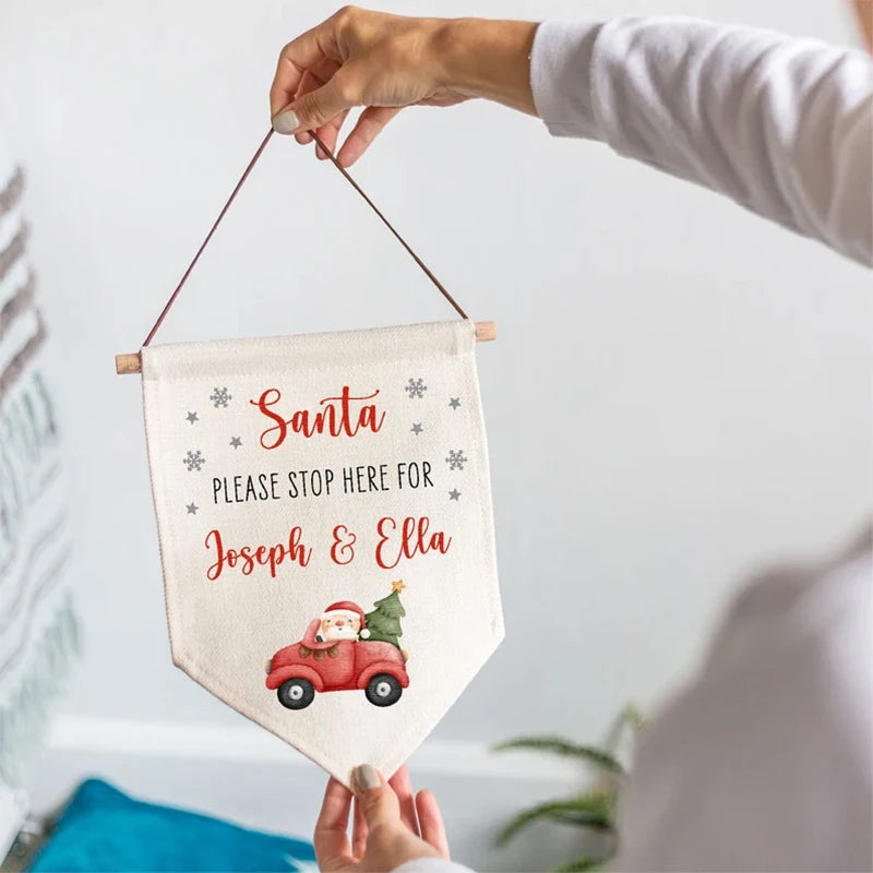 Personalised Name "Santa Stop Here" Christmas Banner Sign