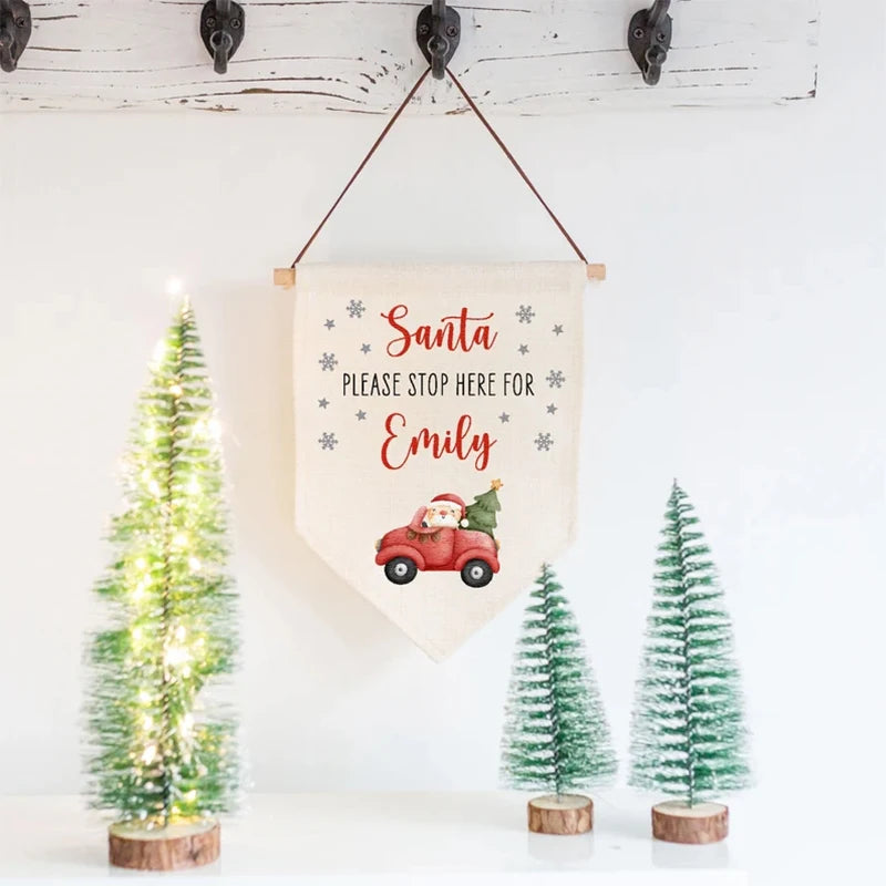 Personalised Name "Santa Stop Here" Christmas Banner Sign