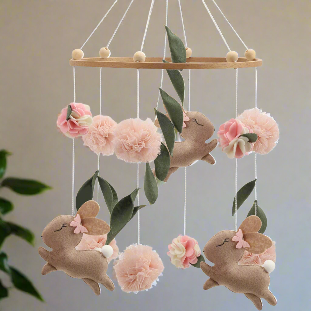 Handmade Bunny Rabbit Crib Mobile | Floral & Boho Nursery Decor | Soft Felt & Wooden Baby Stork Australia 