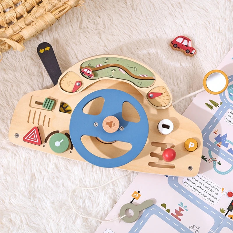 Wooden Steering Wheel Toy - Car Console Busy Board for Toddlers | Sensory Early Education Gift