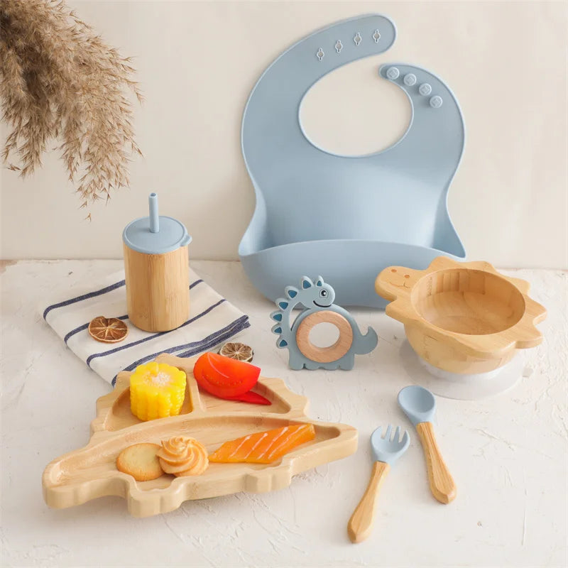 Eco-Friendly Dinosaur Bamboo Baby Feeding Set - 7pcs | Non-Slip Suction Cups & Teether Blue