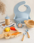 Eco-Friendly Dinosaur Bamboo Baby Feeding Set - 7pcs | Non-Slip Suction Cups & Teether Blue