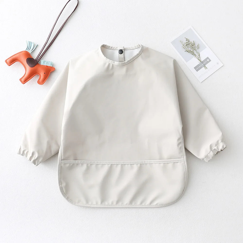 Solid Colour Baby Feeding Smock - Waterproof Long Sleeve Apron with Pocket