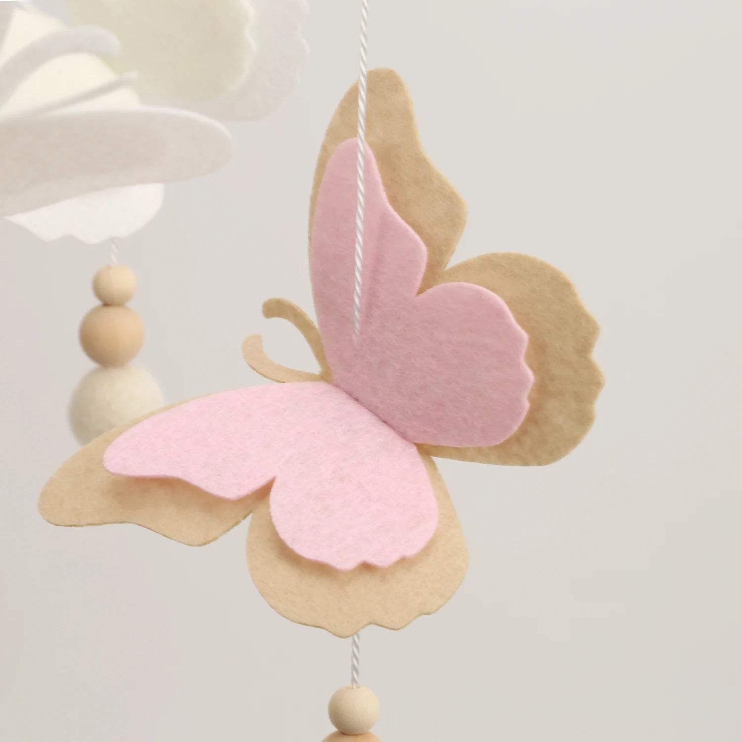 Pink Butterfly Baby Mobile | Eco-Friendly Felt & Wood Cot Mobile Butterfly up close