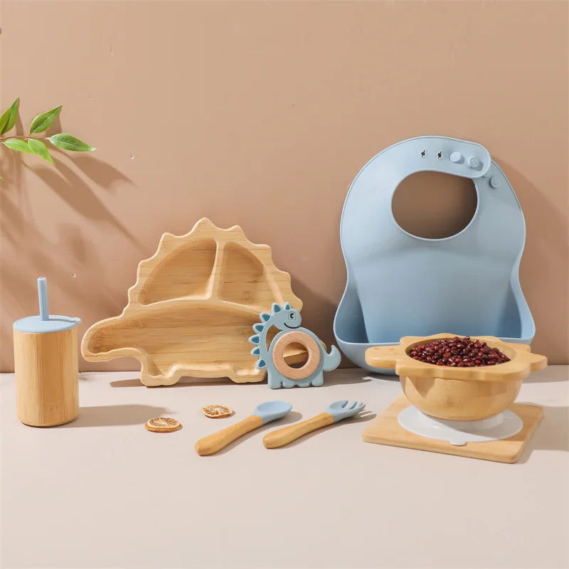 Eco-Friendly Dinosaur Bamboo Baby Feeding Set - 7pcs | Non-Slip Suction Cups & Teether Blue