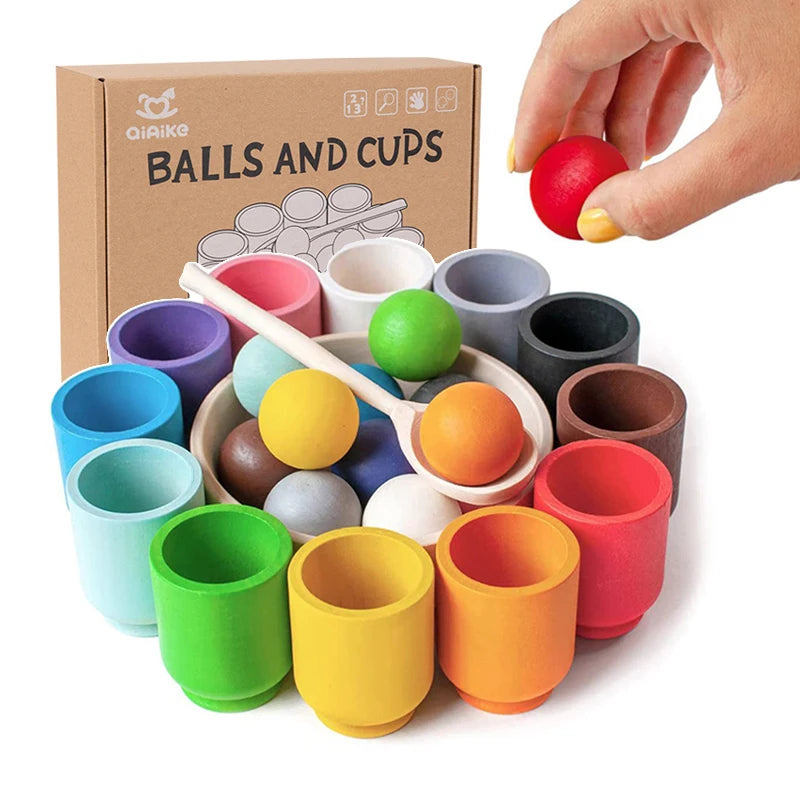 Montessori Wooden Balls in Cups Sorter - Rainbow Color Sorting Game