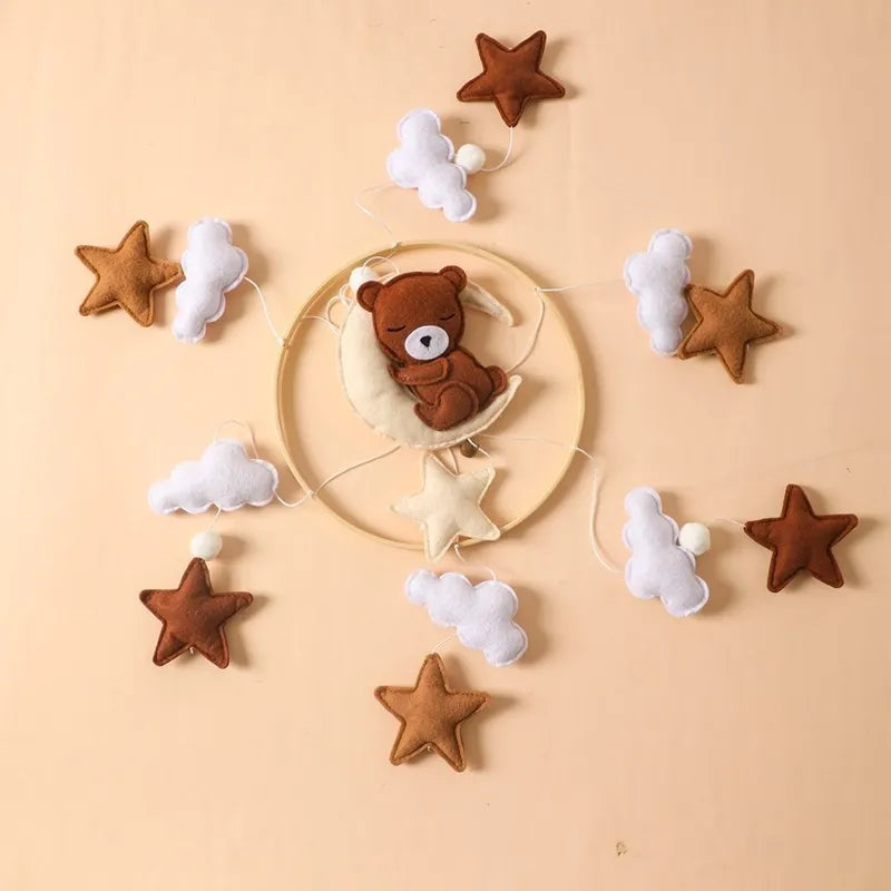 Bear Cuddling the Moon &amp; Night Sky Felt Nursery Mobile